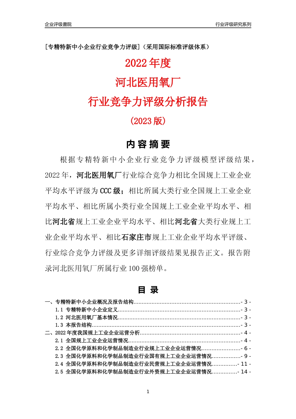 [专精特新]河北医用氧厂行业竞争力评级分析报告(2023版)_第1页