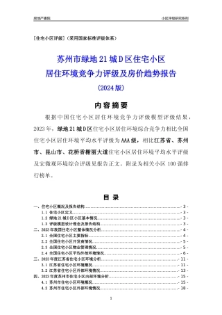 [小区点评]绿地21城D区(苏州市昆山市)小区居住环境竞争力评级及房价趋势分析报告(2024版)