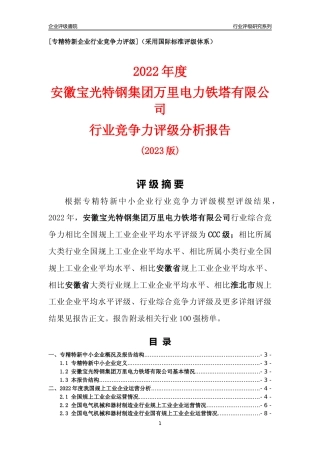 [专精特新]安徽宝光特钢集团万里电力铁塔有限公司行业竞争力评级分析报告(2023版)