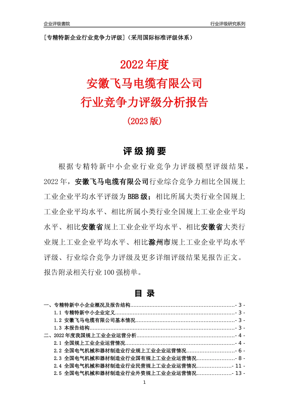 [专精特新]安徽飞马电缆有限公司行业竞争力评级分析报告(2023版)_第1页