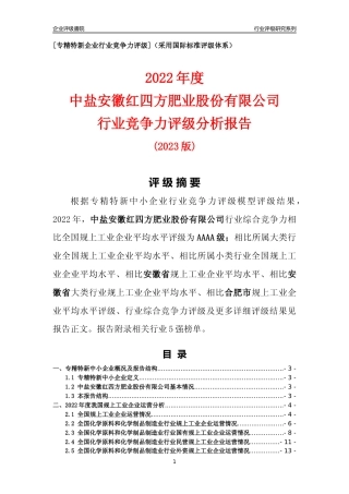 [专精特新]中盐安徽红四方肥业股份有限公司行业竞争力评级分析报告(2023版)