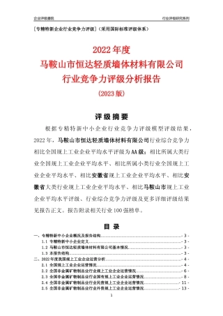 [专精特新]马鞍山市恒达轻质墙体材料有限公司行业竞争力评级分析报告(2023版)