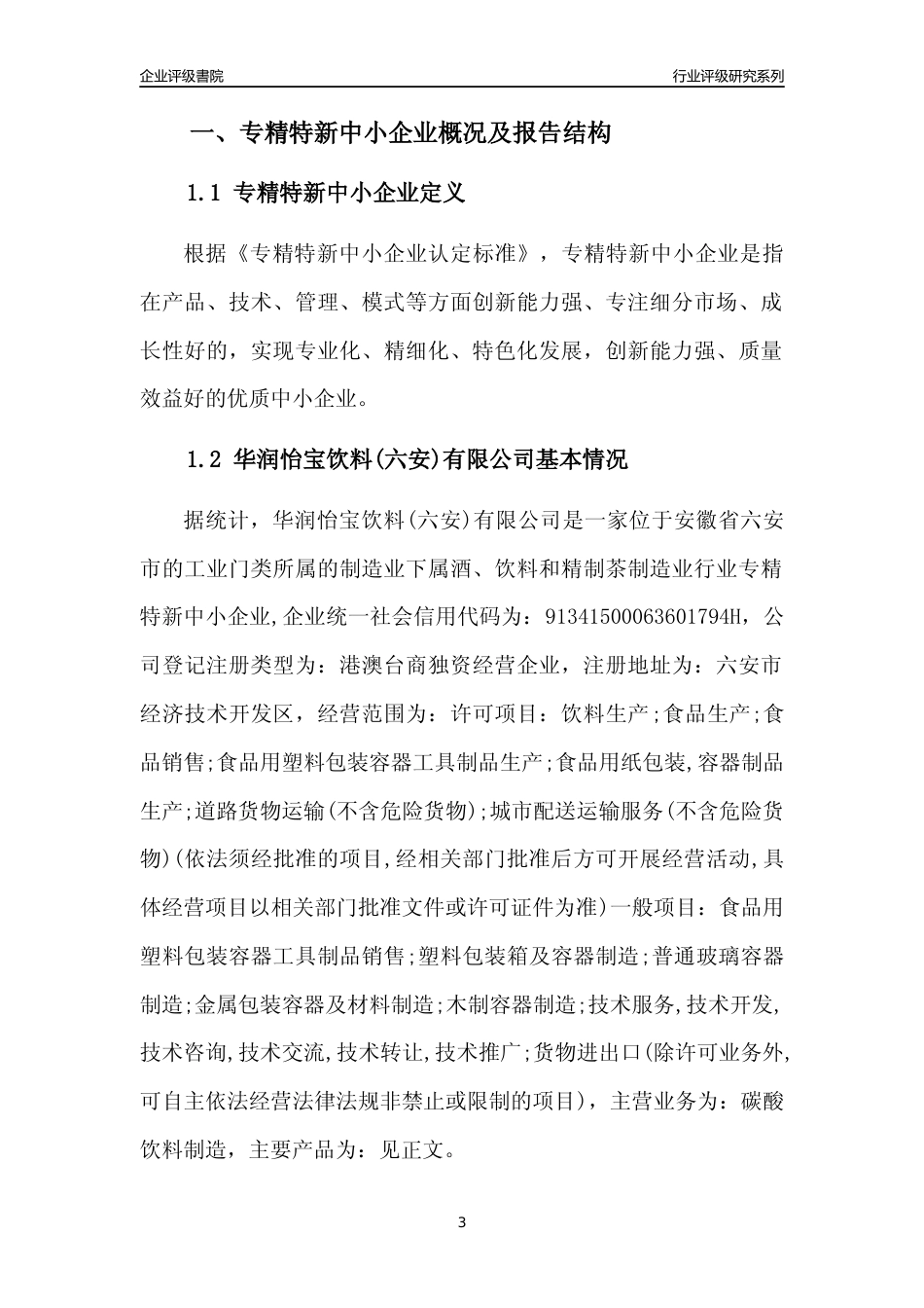 [专精特新]华润怡宝饮料(六安)有限公司行业竞争力评级分析报告(2023版)_第3页