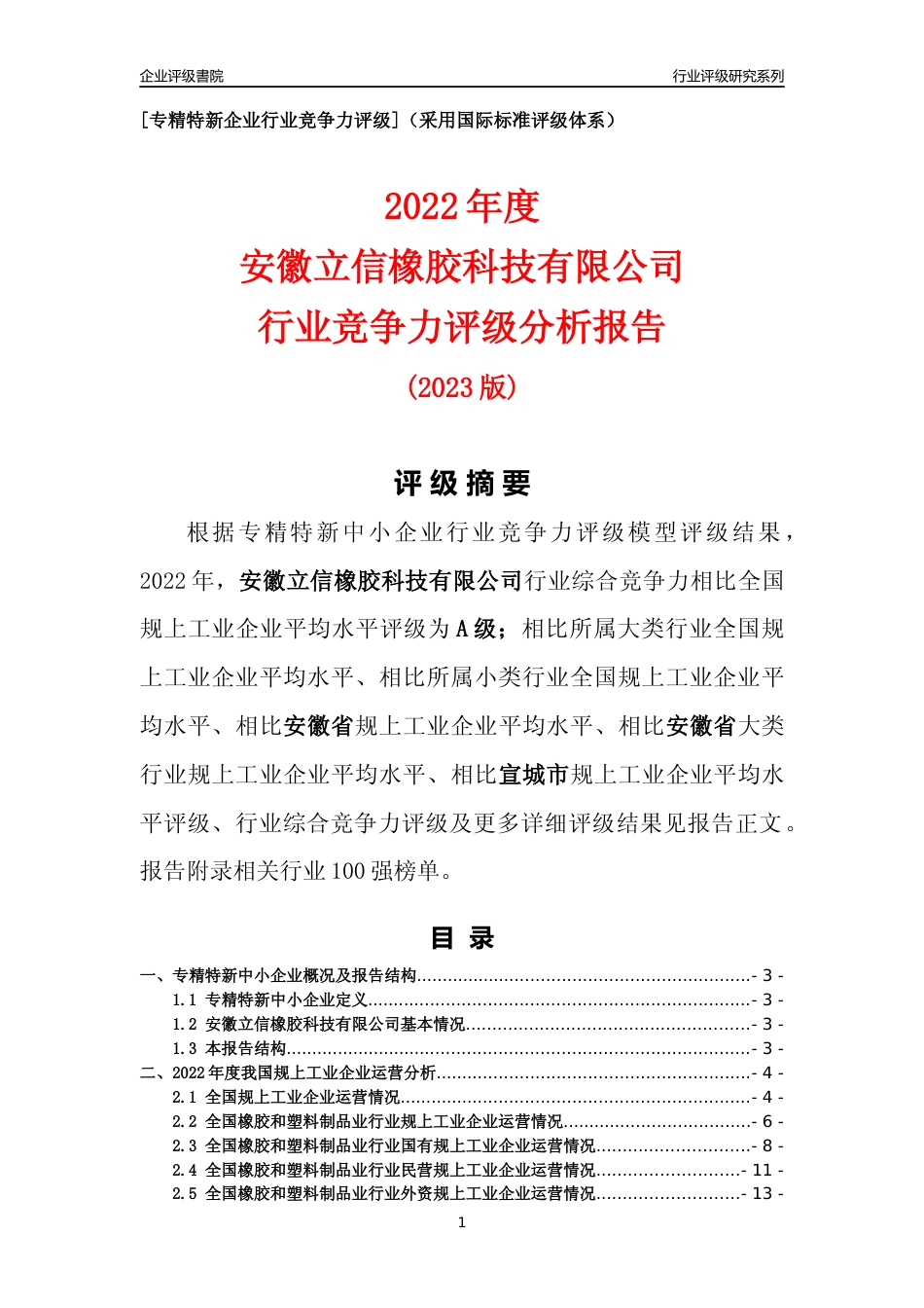 [专精特新]安徽立信橡胶科技有限公司行业竞争力评级分析报告(2023版)_第1页