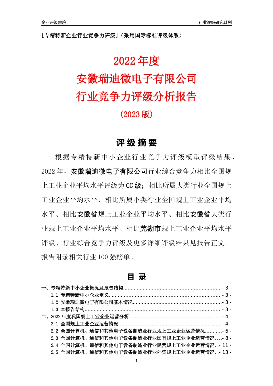 [专精特新]安徽瑞迪微电子有限公司行业竞争力评级分析报告(2023版)_第1页
