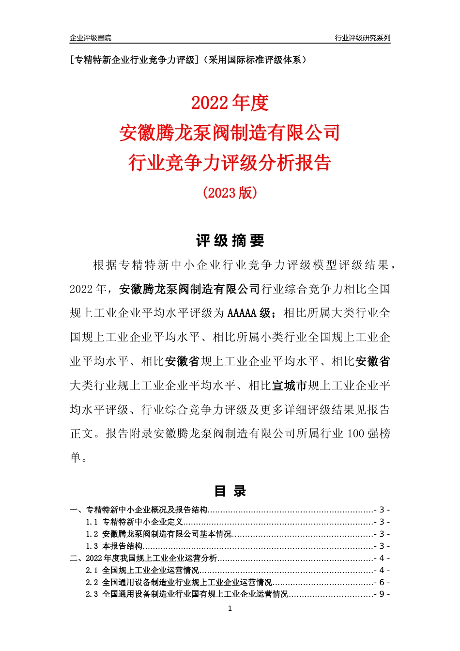 [专精特新]安徽腾龙泵阀制造有限公司行业竞争力评级分析报告(2023版)_第1页