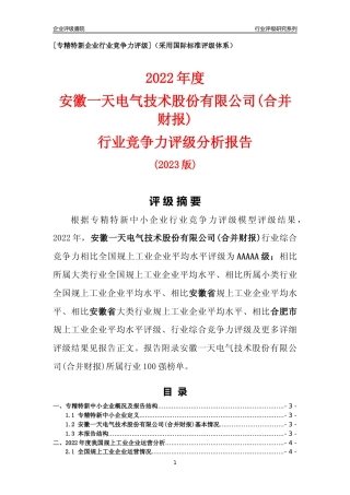[专精特新]安徽一天电气技术股份有限公司(合并财报)行业竞争力评级分析报告(2023版)