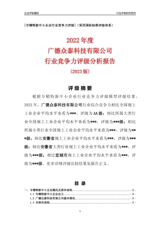 [专精特新]广德众泰科技有限公司行业竞争力评级分析报告(2023版)