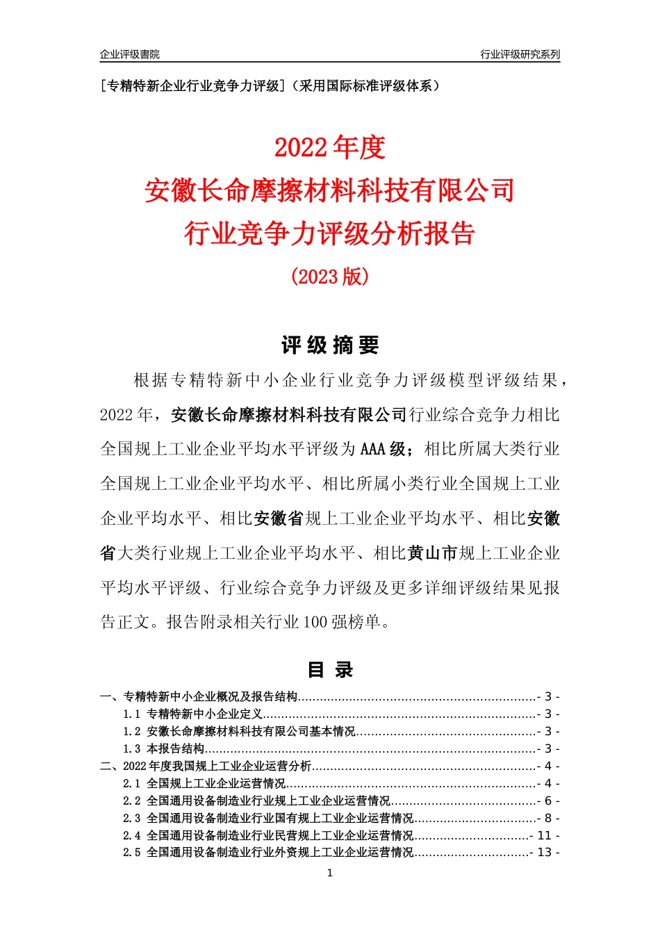 [专精特新]安徽长命摩擦材料科技有限公司行业竞争力评级分析报告(2023版)_第1页