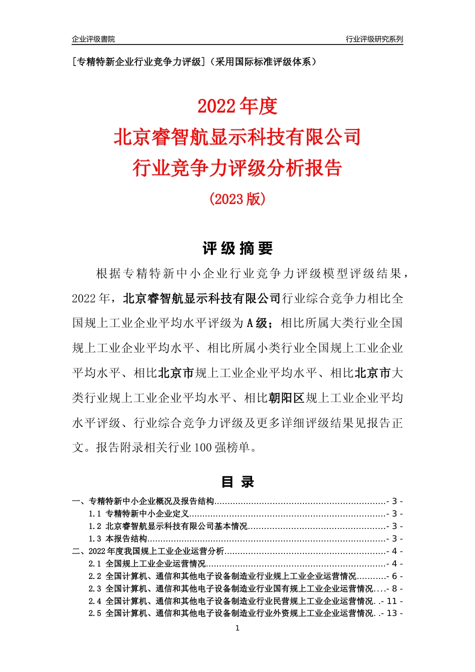 [专精特新]北京睿智航显示科技有限公司行业竞争力评级分析报告(2023版)_第1页