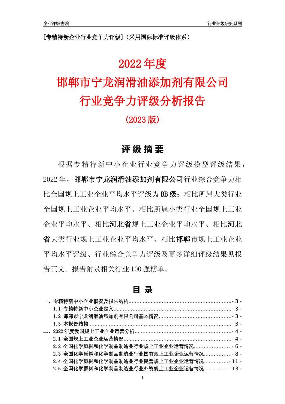 [专精特新]邯郸市宁龙润滑油添加剂有限公司行业竞争力评级分析报告(2023版)_第1页