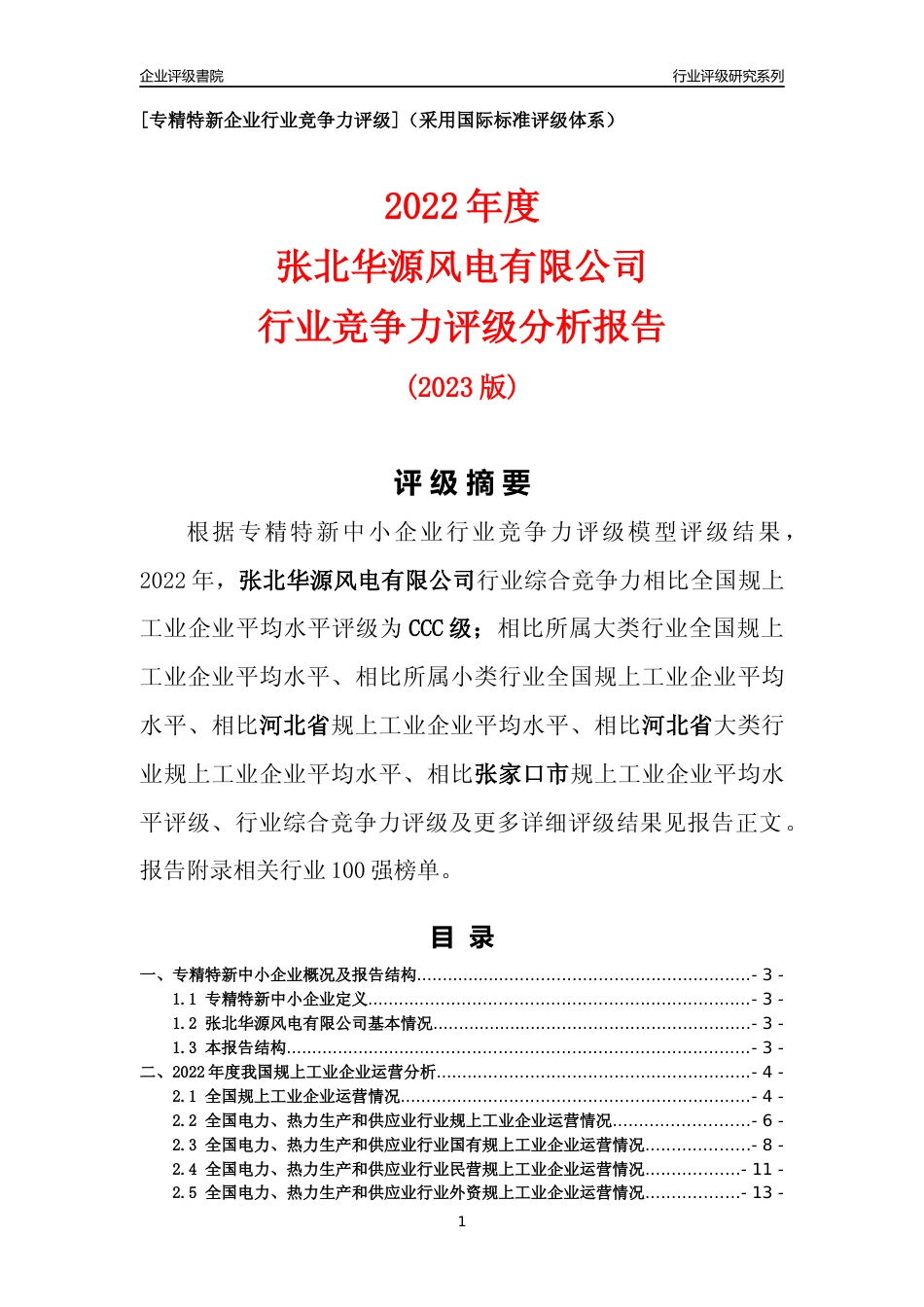 [专精特新]张北华源风电有限公司行业竞争力评级分析报告(2023版)_第1页