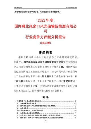 [专精特新]国网冀北张家口风光储输新能源有限公司行业竞争力评级分析报告(2023版)