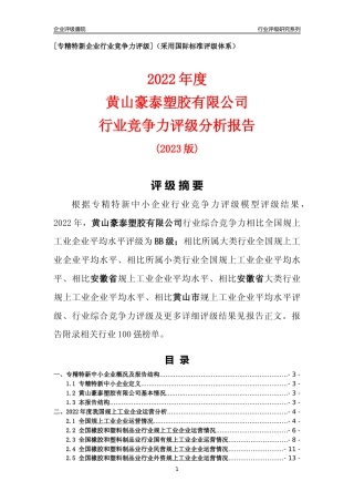 [专精特新]黄山豪泰塑胶有限公司行业竞争力评级分析报告(2023版)