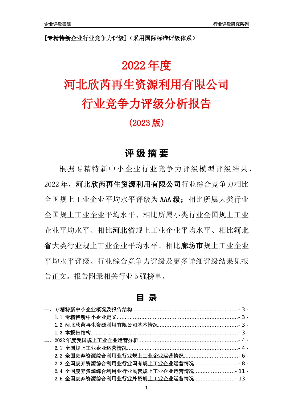 [专精特新]河北欣芮再生资源利用有限公司行业竞争力评级分析报告(2023版)_第1页