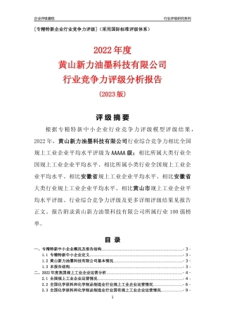 [专精特新]黄山新力油墨科技有限公司行业竞争力评级分析报告(2023版)