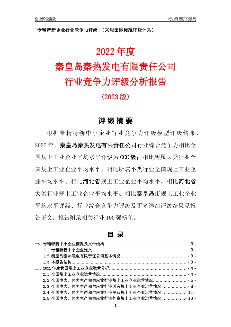 [专精特新]秦皇岛秦热发电有限责任公司行业竞争力评级分析报告(2023版)_第1页