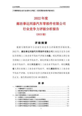 [专精特新]廊坊事达同泰汽车零部件有限公司行业竞争力评级分析报告(2023版)