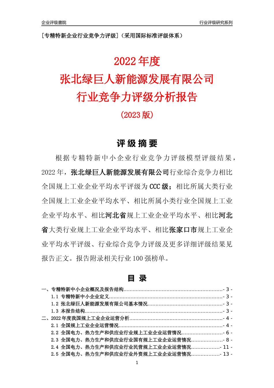 [专精特新]张北绿巨人新能源发展有限公司行业竞争力评级分析报告(2023版)_第1页