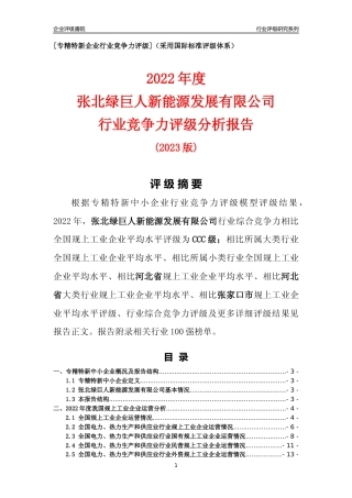 [专精特新]张北绿巨人新能源发展有限公司行业竞争力评级分析报告(2023版)