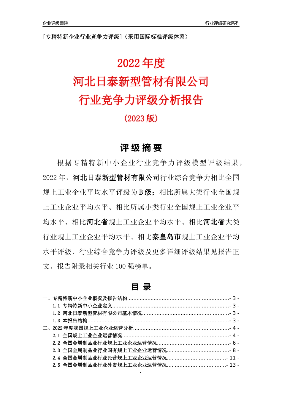 [专精特新]河北日泰新型管材有限公司行业竞争力评级分析报告(2023版)_第1页