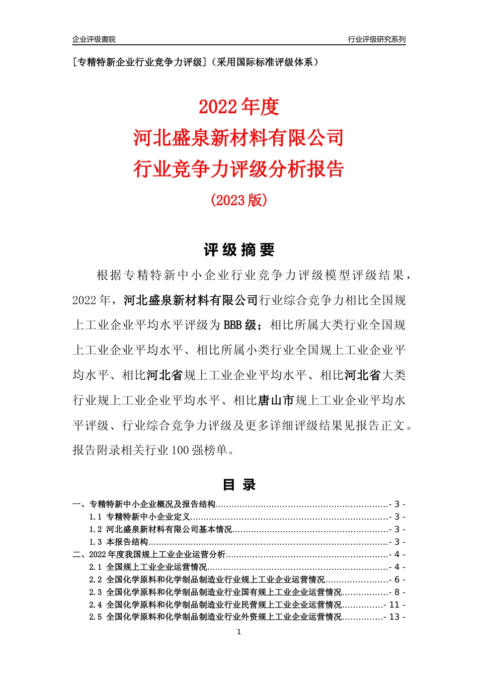 [专精特新]河北盛泉新材料有限公司行业竞争力评级分析报告(2023版)_第1页