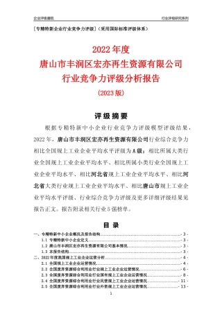 [专精特新]唐山市丰润区宏亦再生资源有限公司行业竞争力评级分析报告(2023版)