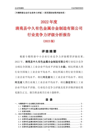[专精特新]清苑县中久有色金属合金制造有限公司行业竞争力评级分析报告(2023版)