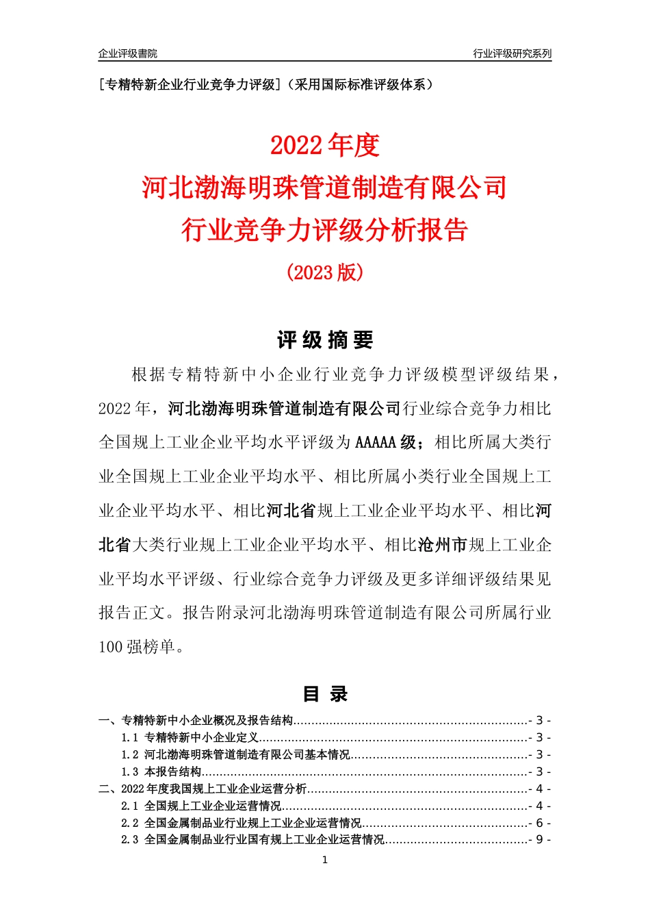 [专精特新]河北渤海明珠管道制造有限公司行业竞争力评级分析报告(2023版)_第1页