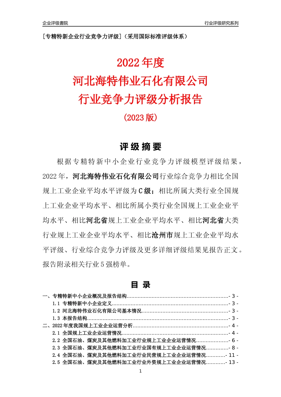 [专精特新]河北海特伟业石化有限公司行业竞争力评级分析报告(2023版)_第1页