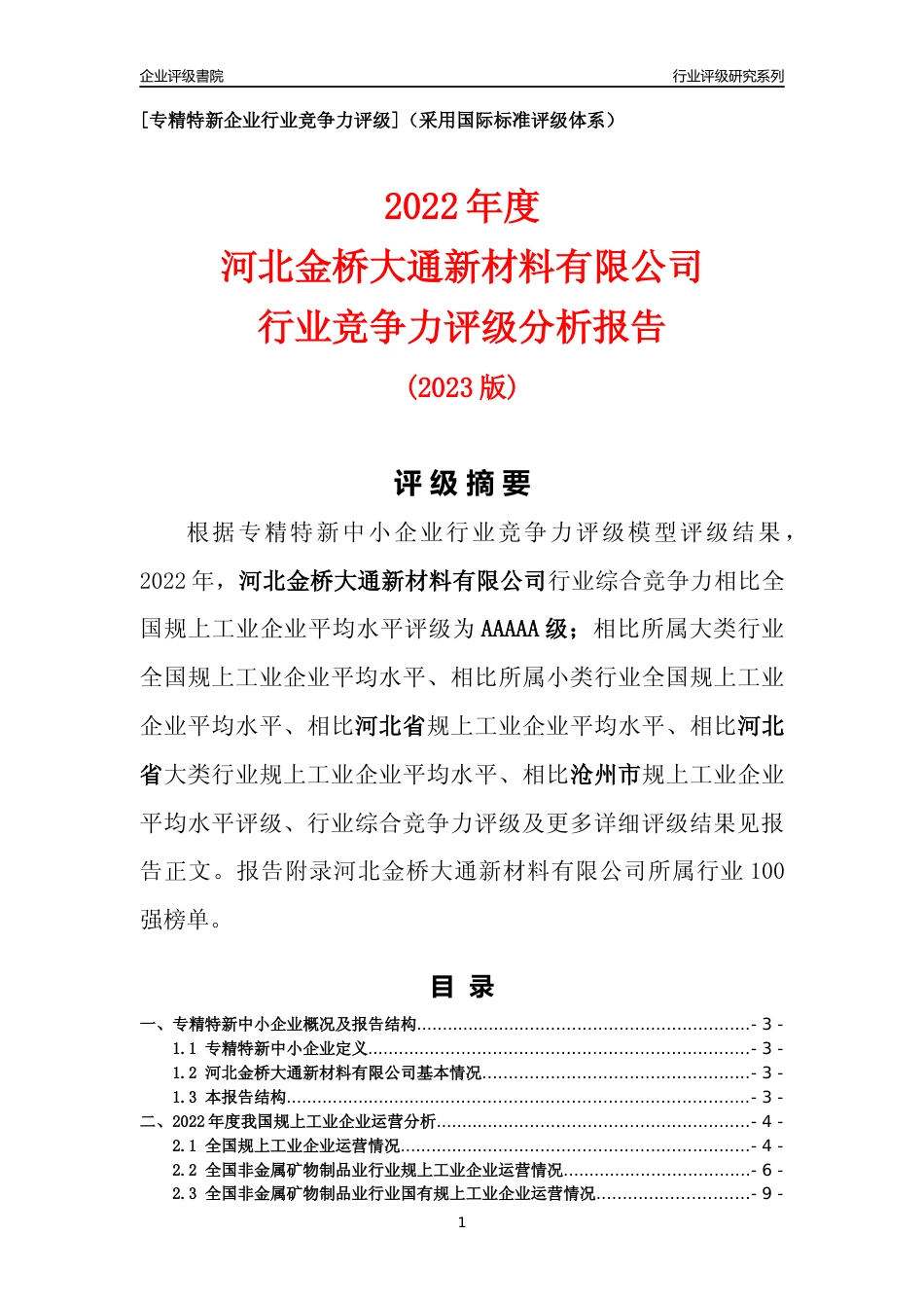[专精特新]河北金桥大通新材料有限公司行业竞争力评级分析报告(2023版)_第1页