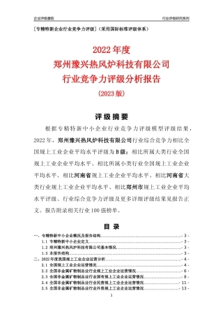 [专精特新]郑州豫兴热风炉科技有限公司行业竞争力评级分析报告(2023版)