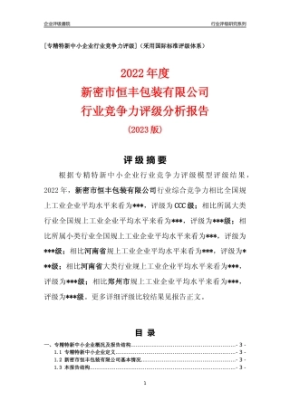 [专精特新]新密市恒丰包装有限公司行业竞争力评级分析报告(2023版)