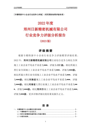 [专精特新]郑州日新精密机械有限公司行业竞争力评级分析报告(2023版)
