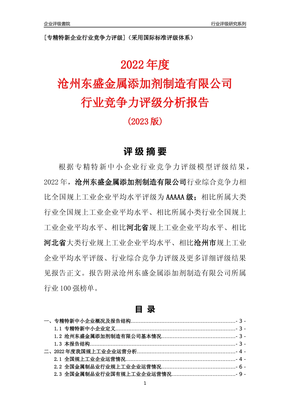[专精特新]沧州东盛金属添加剂制造有限公司行业竞争力评级分析报告(2023版)_第1页