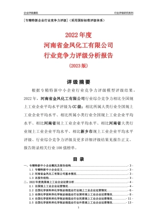 [专精特新]河南省金凤化工有限公司行业竞争力评级分析报告(2023版)