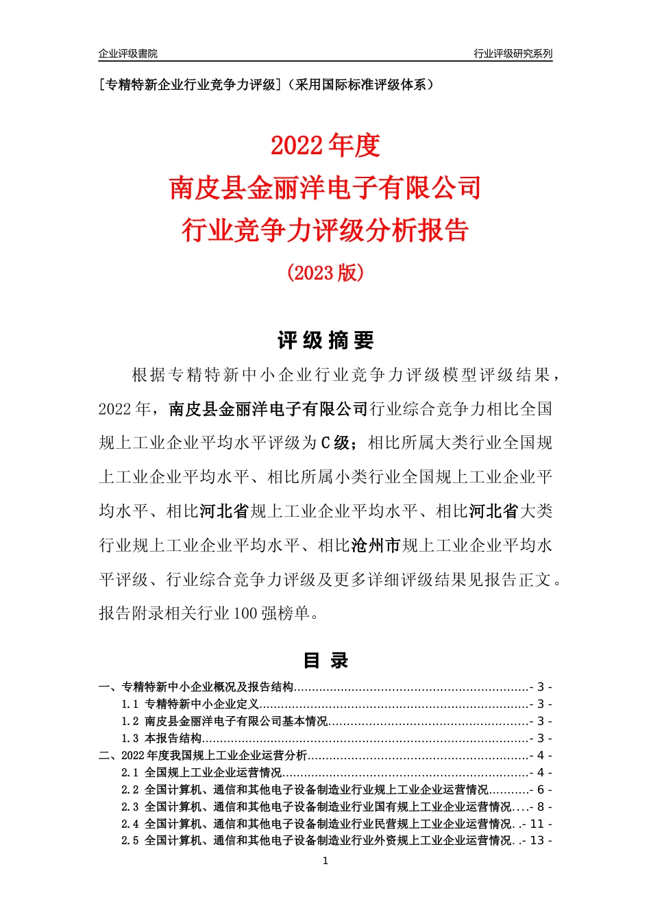 [专精特新]南皮县金丽洋电子有限公司行业竞争力评级分析报告(2023版)_第1页