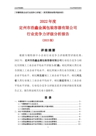 [专精特新]定州市浩鑫金属包装容器有限公司行业竞争力评级分析报告(2023版)
