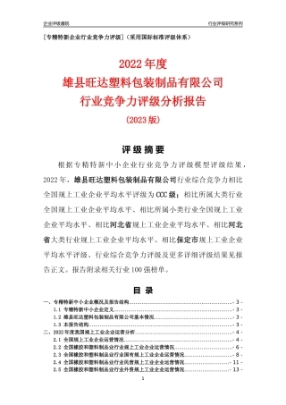 [专精特新]雄县旺达塑料包装制品有限公司行业竞争力评级分析报告(2023版)