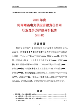 [专精特新]河南崤函电力供应有限责任公司行业竞争力评级分析报告(2023版)
