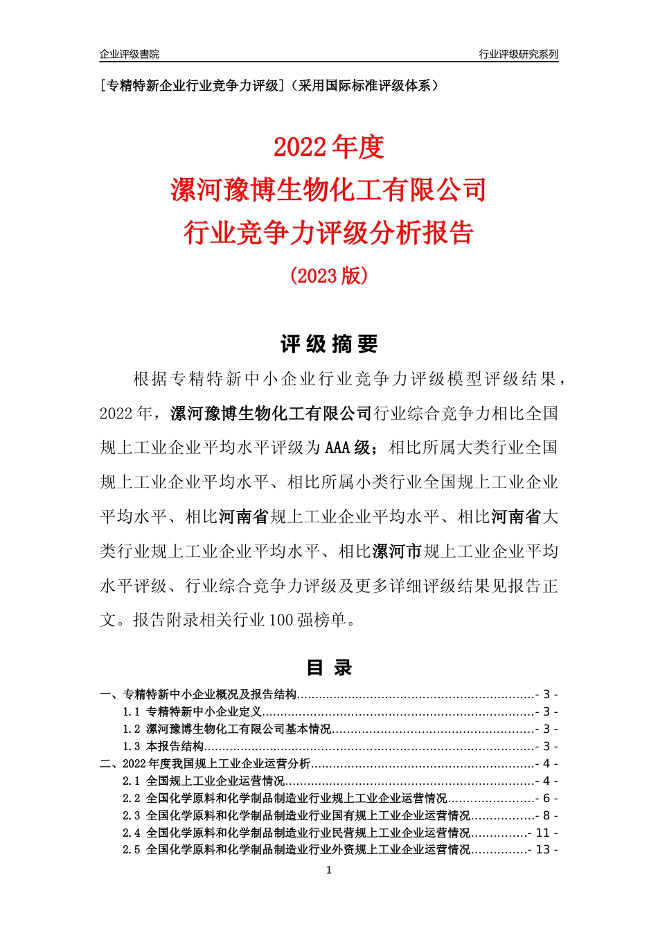 [专精特新]漯河豫博生物化工有限公司行业竞争力评级分析报告(2023版)_第1页