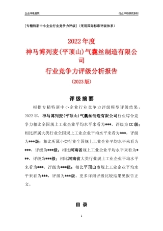 [专精特新]神马博列麦(平顶山)气囊丝制造有限公司行业竞争力评级分析报告(2023版)