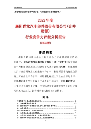 [专精特新]襄阳群龙汽车部件股份有限公司(合并财报)行业竞争力评级分析报告(2023版)