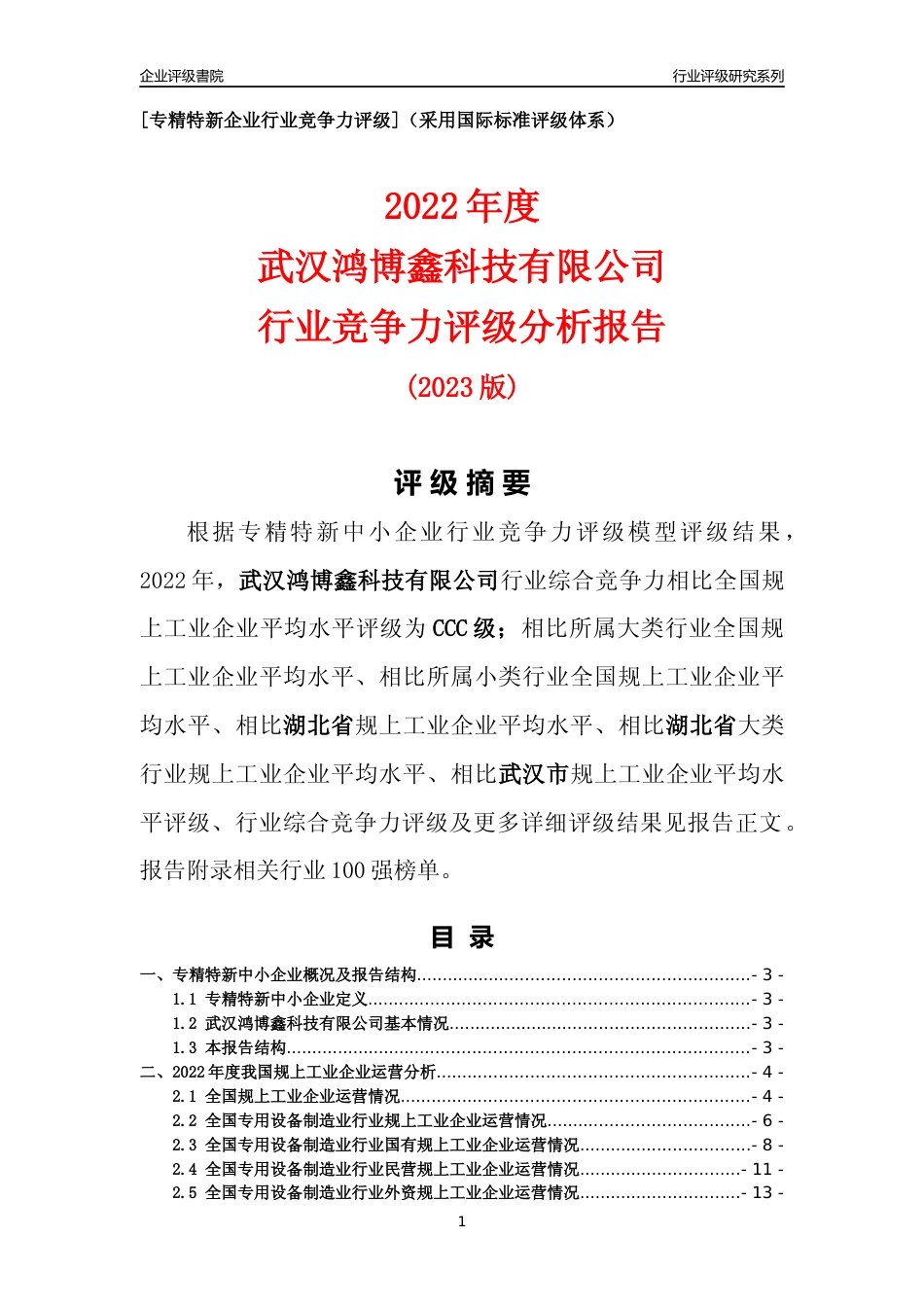 [专精特新]武汉鸿博鑫科技有限公司行业竞争力评级分析报告(2023版)_第1页