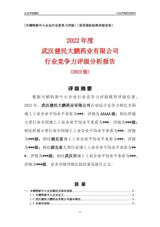 [专精特新]武汉健民大鹏药业有限公司行业竞争力评级分析报告(2023版)