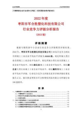 [专精特新]枣阳市军合胜塑化科技有限公司行业竞争力评级分析报告(2023版)