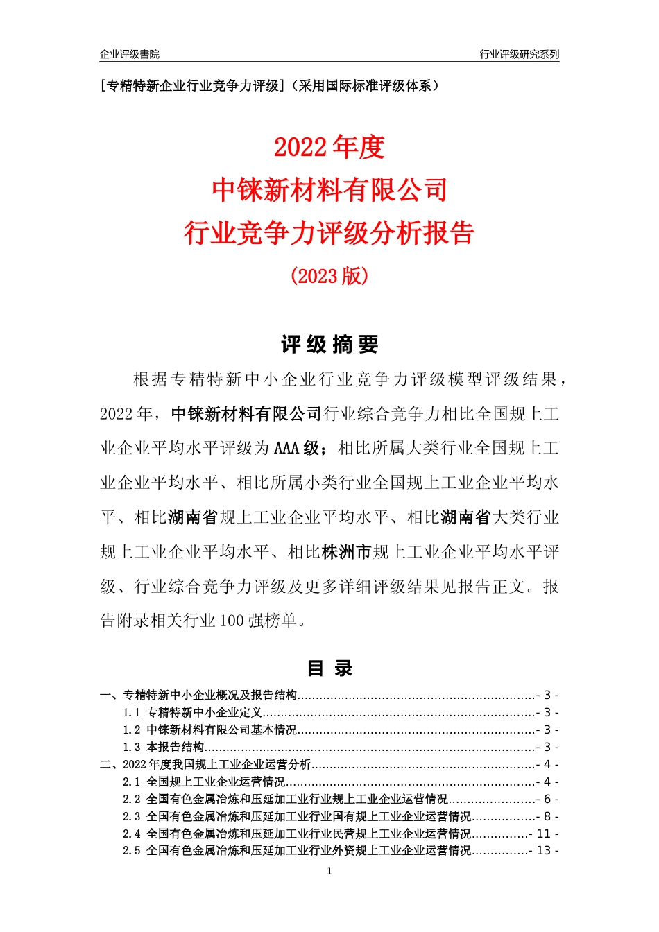 [专精特新]中铼新材料有限公司行业竞争力评级分析报告(2023版)_第1页
