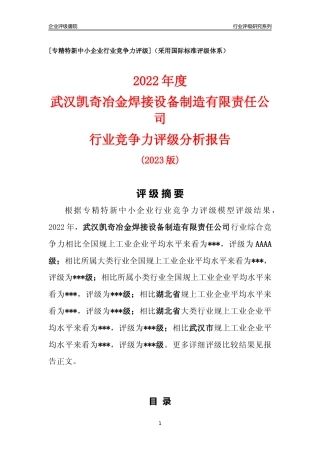 [专精特新]武汉凯奇冶金焊接设备制造有限责任公司行业竞争力评级分析报告(2023版)
