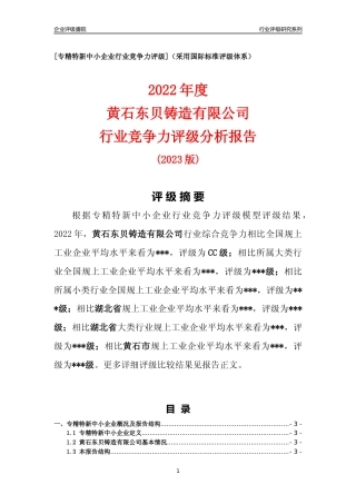 [专精特新]黄石东贝铸造有限公司行业竞争力评级分析报告(2023版)