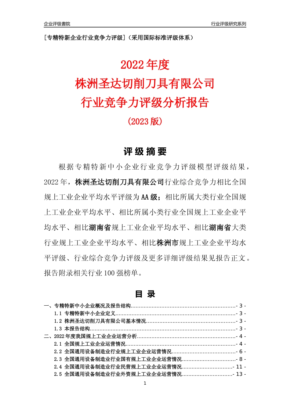 [专精特新]株洲圣达切削刀具有限公司行业竞争力评级分析报告(2023版)_第1页